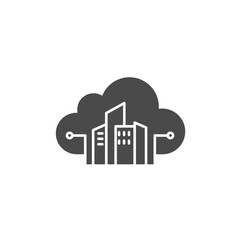 Poster - Cloud City: This minimalist icon portrays a modern cityscape seamlessly integrated within a stylized cloud, symbolizing the concept of cloud computing and its interconnectedness.