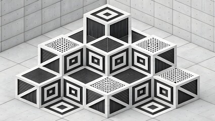 Poster - Geometric arrangement of patterned cubes in black and white against a tiled background scene