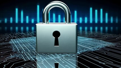 Poster - Secure digital data protection with padlock icon and connectivity design for enhanced cybersecurity measures, padlock icon with connections over digital data processing on dark background