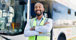 © peopleimages.com - Arms crossed, bus stop and portrait of black man at station for commute, public transportation or service. Driver, smile and uniform with happy coach conductor outdoor for journey, tour or travel