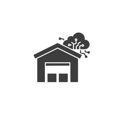Poster - Smart Warehouse Icon: A simple yet powerful icon depicting a warehouse building seamlessly integrated with cloud technology, symbolizing efficient and innovative logistics management. 