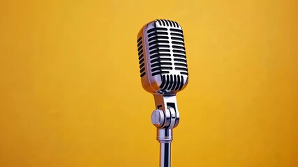 Poster - Classic microphone slowly rotates on a wooden surface, with a blurred background, creating a nostalgic and captivating scene perfect for music, podcasting, or broadcasting projects