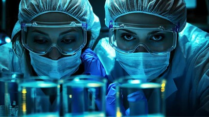 Poster - Female scientist and colleague analyze samples in laboratory setting during night research session, female scientist and her colleague are conducting research in the laboratory