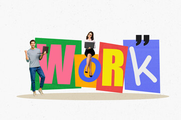 Poster - Contemporary artwork collage of two happy business partners man girl hold laptop stand colorful letters workload teamwork