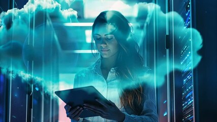 Poster - Cloud cybersecurity shield surrounds woman working on tablet in data center, Cybersecurity cloud shield over woman using tablet in server room