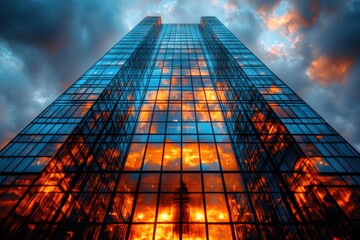 Poster - A Modern Skyscraper in a Cloudy Sunset Skyline
