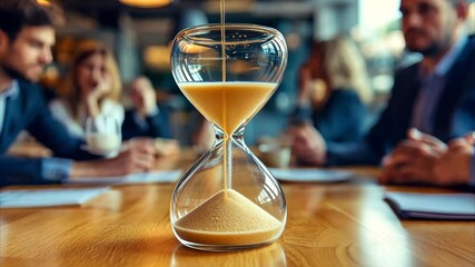 Poster - hourglass symbolizing time management during project discussion among colleagues in a modern office,