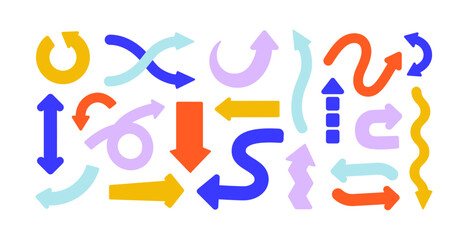 Fototapete - Arrows set. Curved pointers pointing and showing movements, actions. Point symbols, twisted design elements for ui, refresh, reload and shuffle. Flat vector illustration isolated on white background