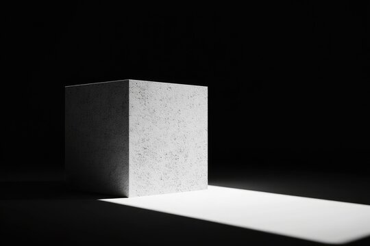 A single, light gray cube, bathed in a spotlight, sits on a dark backdrop  Its textured surface is illuminated by a dramatic light source, creating a strong contrast between light and shadow