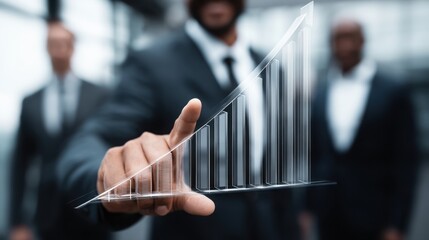Poster - Businessman holding bar chart representing cross-sector innovation hubs with investment icon concept for financial growth