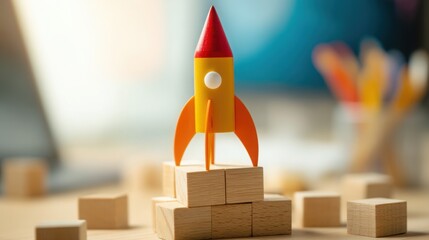 Poster - toy rocket on a block representing crowdfunding market growth icon concept for decentralized financi