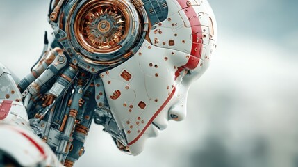 Poster - Futuristic robot head representing cyborg technology and commercialization concepts in mechanical innovation