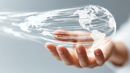 Poster - Human hand holding a transparent globe representing digital remittance system expansion and global financial connectivity