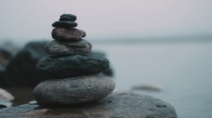 Poster - balanced stack of rocks on a larger rock representing stability and discipline in the face of volati