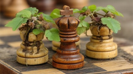 Poster - Unique chess set with vibrant green plant growing out of it illustrating evolving investment strategies and concepts