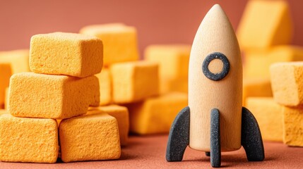 Poster - wooden rocket with stack of cubes symbolizing growth and strategy in early-stage fund-of-funds inves