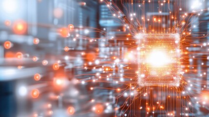 Fototapete - Digital Core: Abstract representation of a central processing unit, glowing brightly within a complex network of data streams and connections.