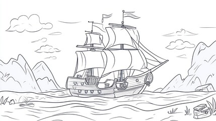  Simple Line Art of Sailing Ship on Sea, Mountains Background