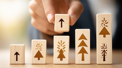 Poster - Person strategically placing wooden blocks with arrows symbolizing economic recovery and growth opportunities in business