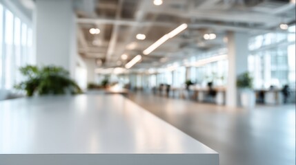 Poster - Bright and airy white office space features blurred details of desks and plants, suggesting a lively atmosphere filled with creativity and teamwork