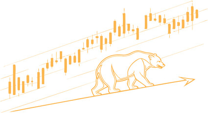 Aufkleber - Illustration of a bear walking up an arrow with candlestick chart in the background on white color