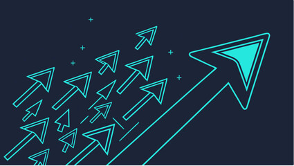 Poster - Aesthetic illustration of teal outlined arrows pointing upwards on a dark background with small crosses