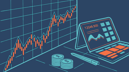 Aufkleber - Illustration of a stock market graph with laptop, coins, and pen on a dark blue background design