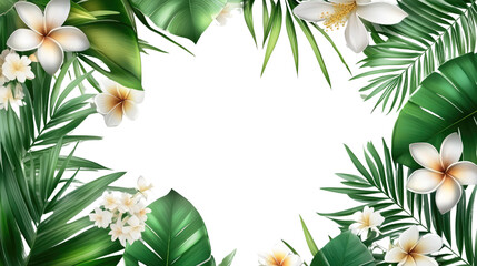 Poster - Tropical Plant Frame with Lush Green Leaves and White Frangipani Flowers for Nature-Inspired Designs and Creative Backgrounds