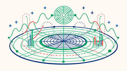 Aufkleber - Illustration of a radar chart with bar graphs and wave lines in green blue and red colorscheme