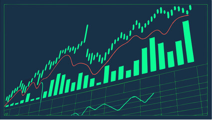 Fototapete - Graphical representation of financial data with candlestick and bar charts showing upward trend