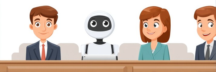 Poster - robot on a panel with professionals - cartoon illustration of a robot sitting on a panel with two bu