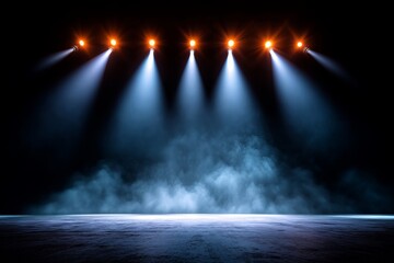 Poster - Stage Spotlight Illumination - Empty stage, dramatic lighting, spotlight beams, smoky atmosphere, anticipation. Symbolizing: performance, mystery, potential, revelation, future