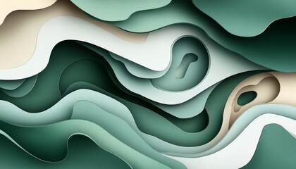 Aufkleber - Abstract Background, Green And Beige Paper Cutout, Wavy Shapes And Layers, 3D Rendering.