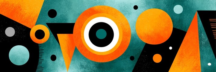 Poster - Abstract Geometric Composition - Vibrant abstract art featuring geometric shapes in orange, teal, and black. Bold circles and triangles create a dynamic visual