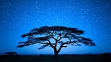 Majestic Acacia Tree Silhouette Under a Starry Night Sky in Africa