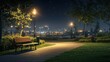© akun - Serene night scene showcasing a bench overlooking a distant city skyline