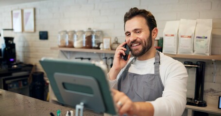 Poster - Man, waiter and tablet with phone call at cafe for online order, customer reviews and confirm takeaway. Person, talking and digital with inventory, stock check and menu update for ecommerce payment