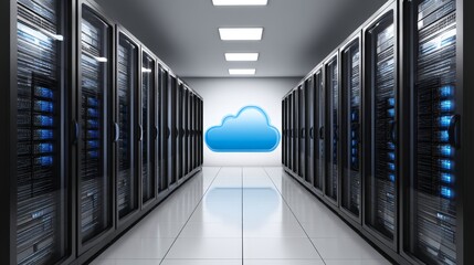 Poster - Cloud Server Room Data Center - Rows of black servers in a modern data center with a cloud icon on the wall. Represents cloud computing and data storage