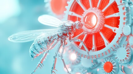 A mechanical insect interacting with gears and other engineered elements
