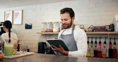 Poster - Smile, man and waiter on tablet at cafe for menu planning, online orders and inventory management. Male person, digital and website reviews, review stock and checklist update of hospitality industry