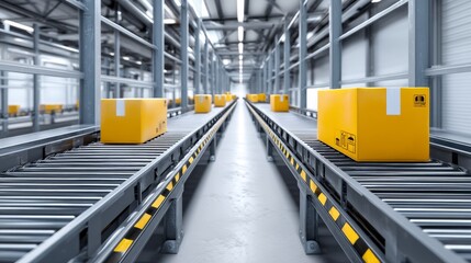 Poster - efficient warehouse conveyor system - yellow boxes move along a modern industrial conveyor belt syst