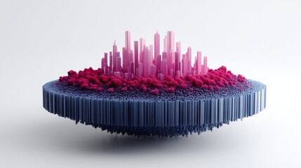 Poster - Floating Cityscape - A stylized 3D of a city on a floating island, pink and purple buildings on a dark blue base, isolated on white background