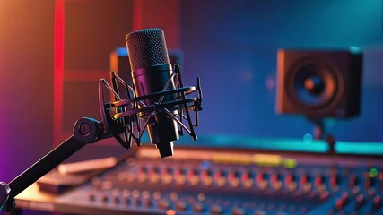 Poster - Professional studio microphone positioned in acoustic environment, capturing pristine vocal and instrumental sounds for high quality music production, recording, and voice over projects