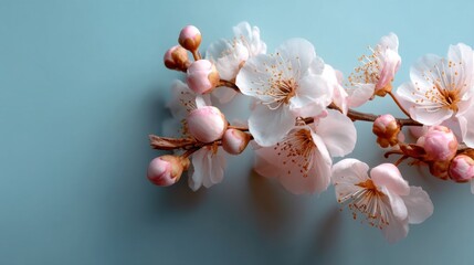 Poster - Cherry blossoms adorned in soft pink hues emerge vibrantly against a soothing pastel blue backdrop. Nature's elegance showcases the beauty of spring's arrival through these flowers