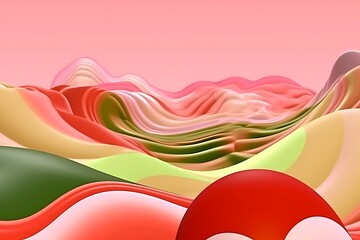 Poster - Abstract landscape with pastel colored hills and a large red sphere in the foreground. The hills are wavy and have a smooth, almost liquid appearance.  The overall color palette is soft and warm