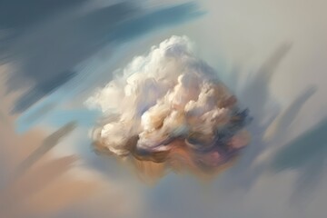 Poster - Abstract painting of a fluffy cumulus cloud formation in warm pastel tones against a soft blue and beige background. The cloud is the focal point, rendered with thick, textured brushstrokes. The