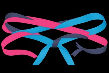 Poster - Abstract image of pink, blue, and dark gray ribbons forming a bow like shape. The ribbons are intertwined and create a sense of movement and fluidity. The background is transparent, allowing for