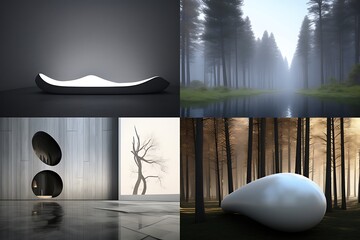 Poster - A collection of four distinct digital art pieces. The first shows a minimalist, boat shaped illuminated object. The second depicts a tranquil river scene in a misty forest. The third showcases a