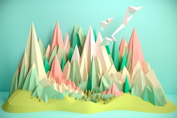 Poster - Low poly 3D render of a landscape with pastel mountains, trees, and paper airplanes. Light green base, pink, green, and white peaks. Minimalist, playful style