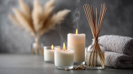 Poster - Soft candlelight flickers alongside fragrant reeds, casting a warm glow in a tranquil setting. The air is filled with soothing scents, perfect for relaxation at dusk